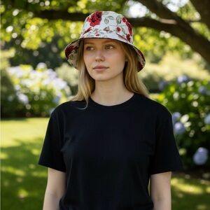 Red Floral on Cream Bucket Hat for Women